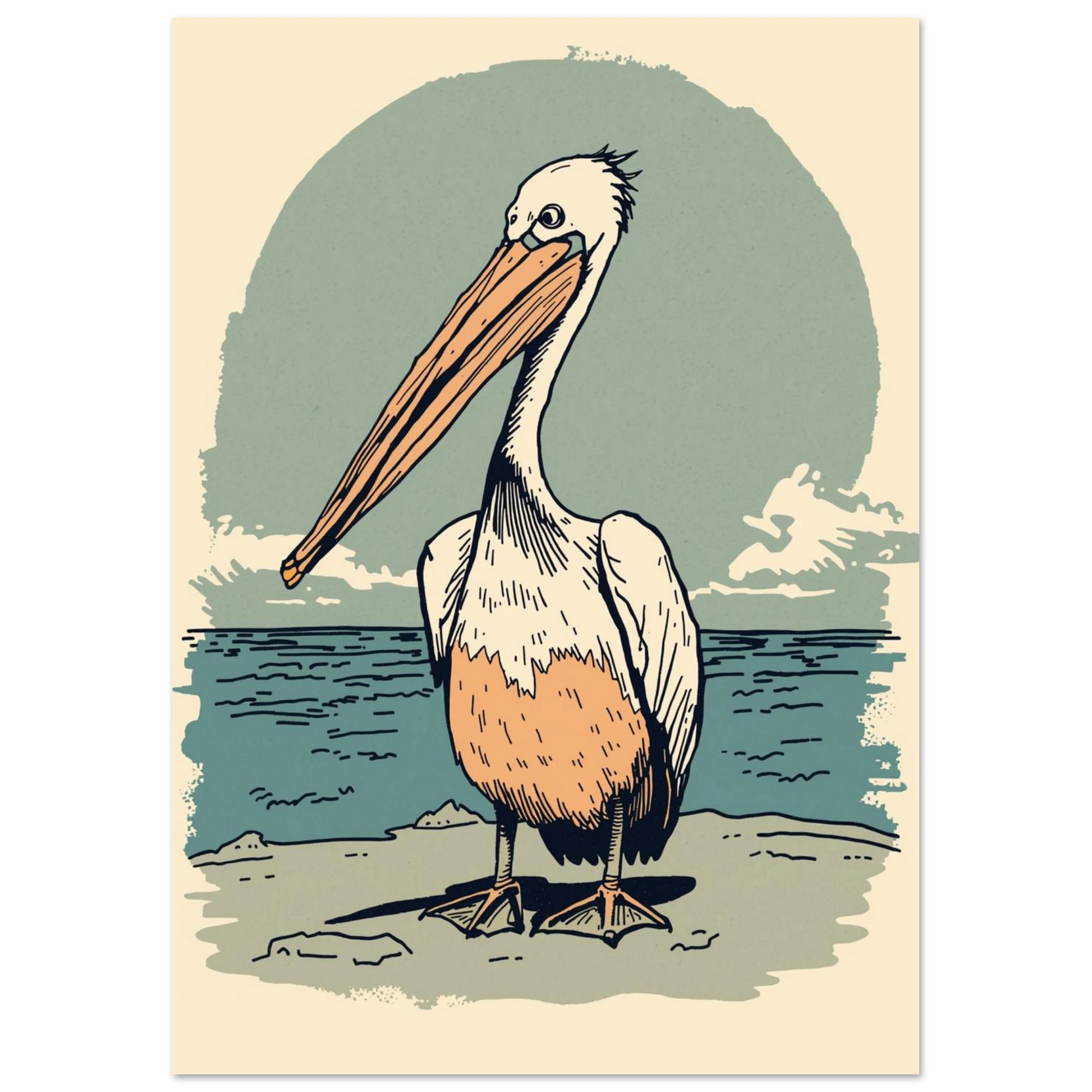 Grafisk illustration av en pelikan vid vattenbrynet – marin väggkonst