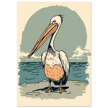 Grafisk illustration av en pelikan vid vattenbrynet – marin väggkonst