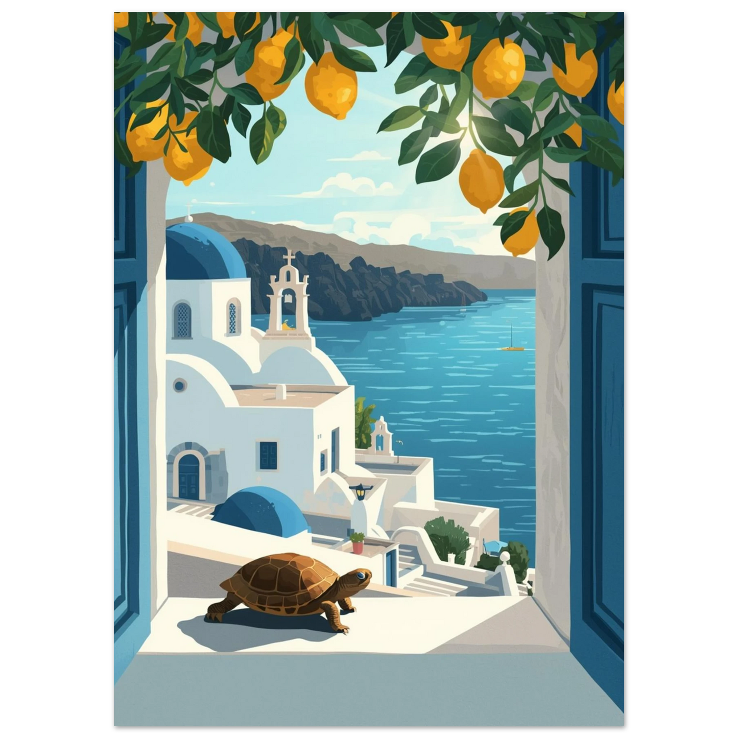 Medelhavsmotiv med sköldpadda, gula citroner och blå kupoler i Santorini