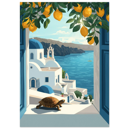 Medelhavsmotiv med sköldpadda, gula citroner och blå kupoler i Santorini