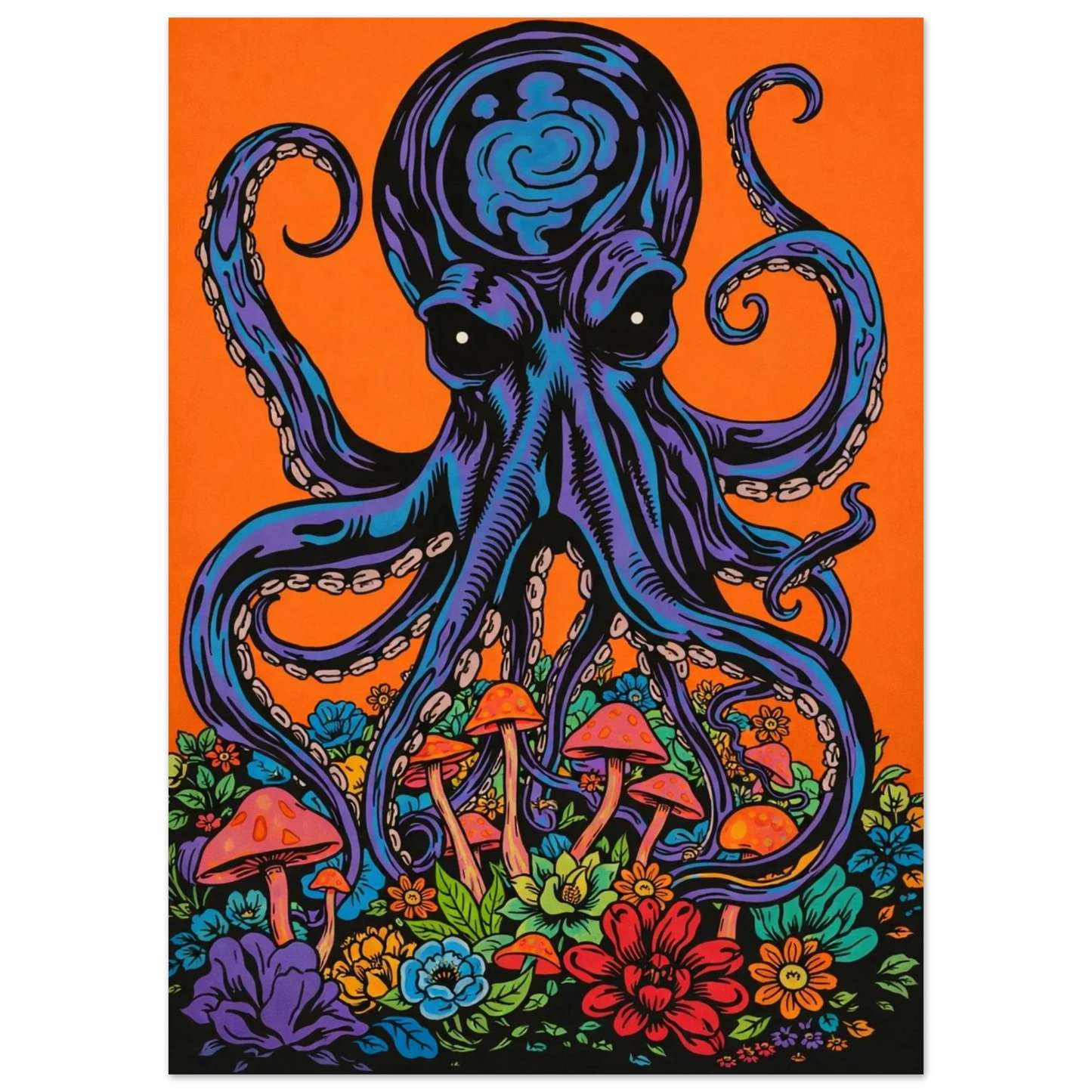 Konstnärlig illustration av en kraken i ett landskap av magiska svampar
