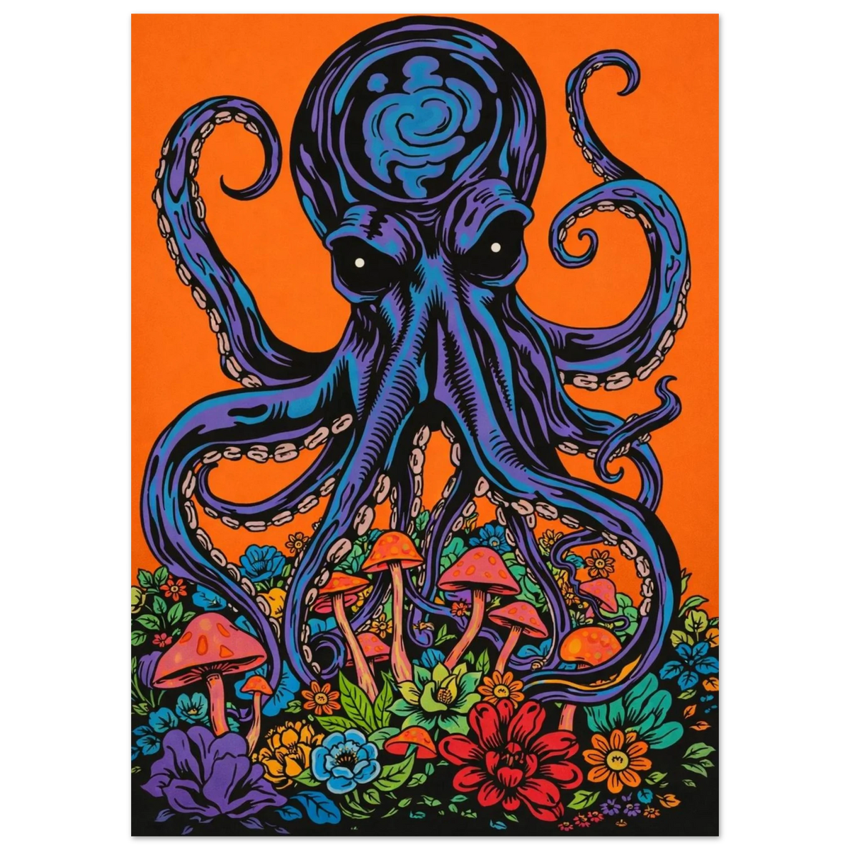 Konstnärlig illustration av en kraken i ett landskap av magiska svampar
