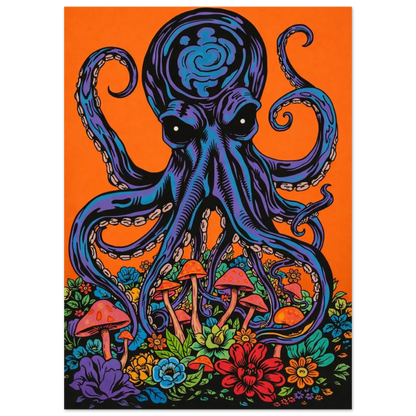 Konstnärlig illustration av en kraken i ett landskap av magiska svampar