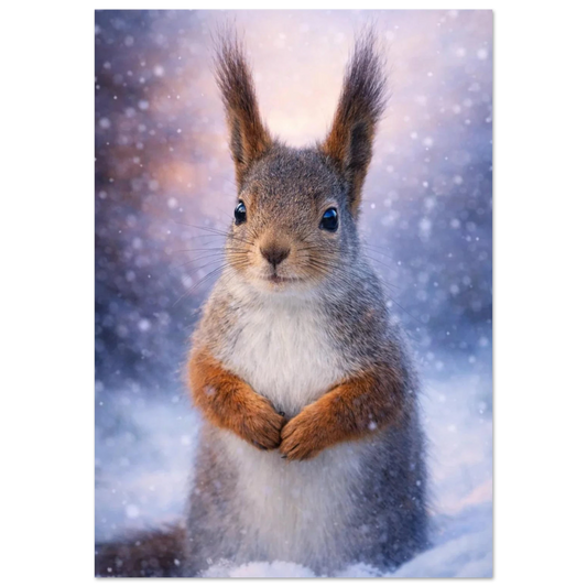Söt ekorre som sitter i snön under ett mjukt snöfall – målad poster