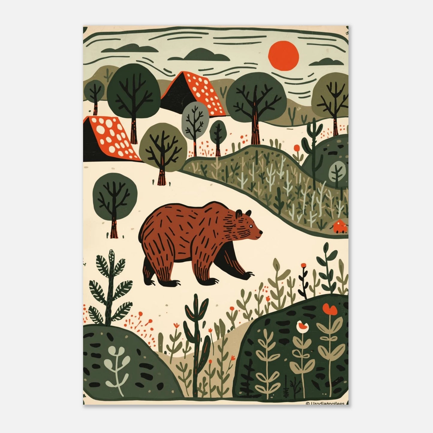 Stiliserad björnposter med röda detaljer och mjuka former, naturnära print