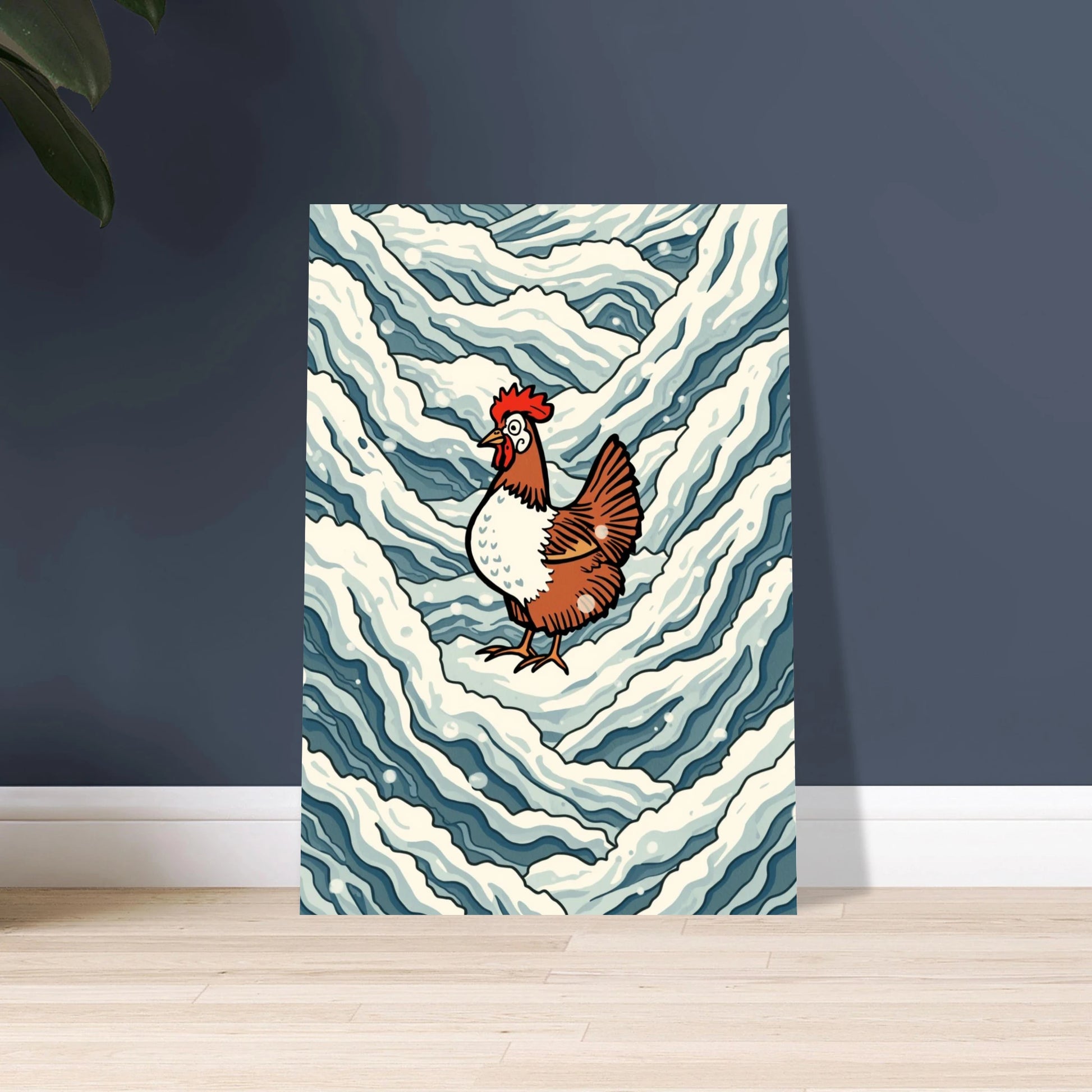 Höna i djup snö, konstnärlig illustration med drömlik stämning