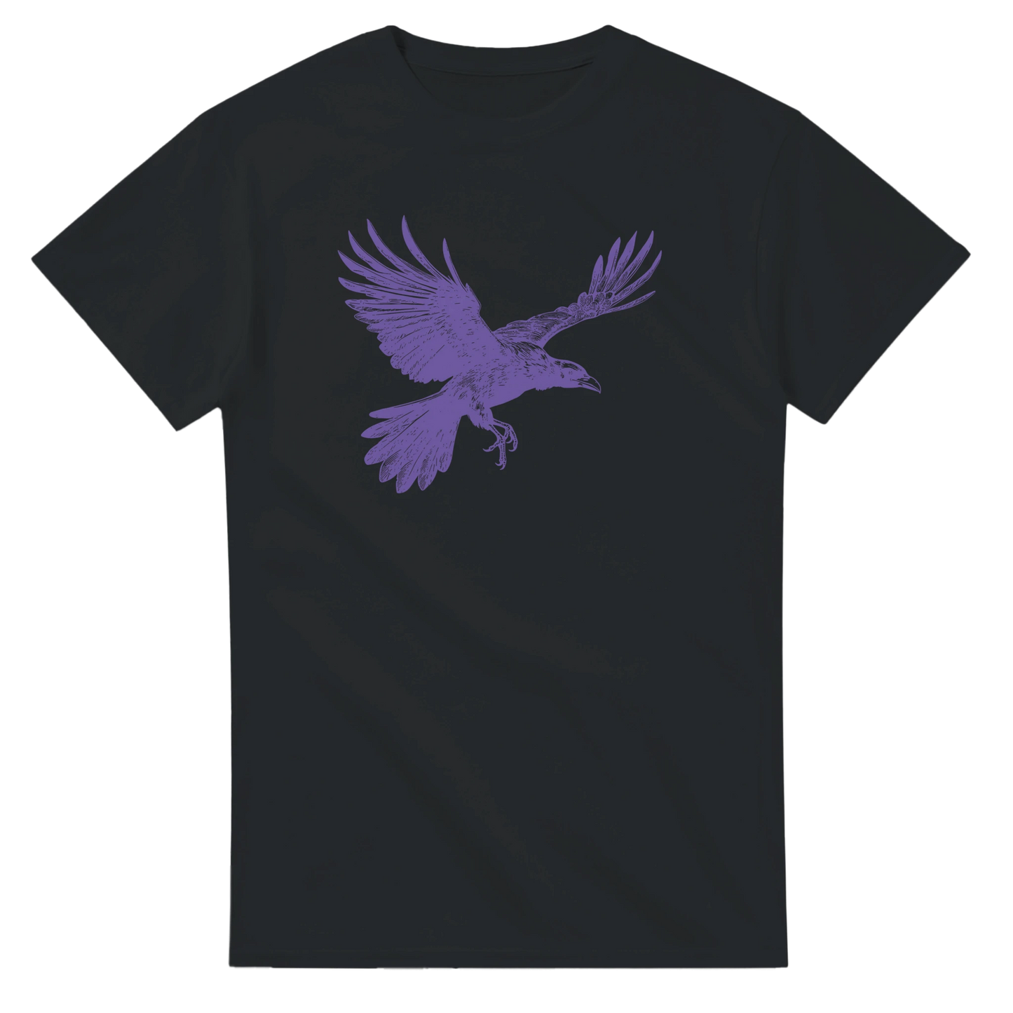 Svart t-shirt med ett lila grafiskt tryck av en flygande korp – Tecknad T-shirt