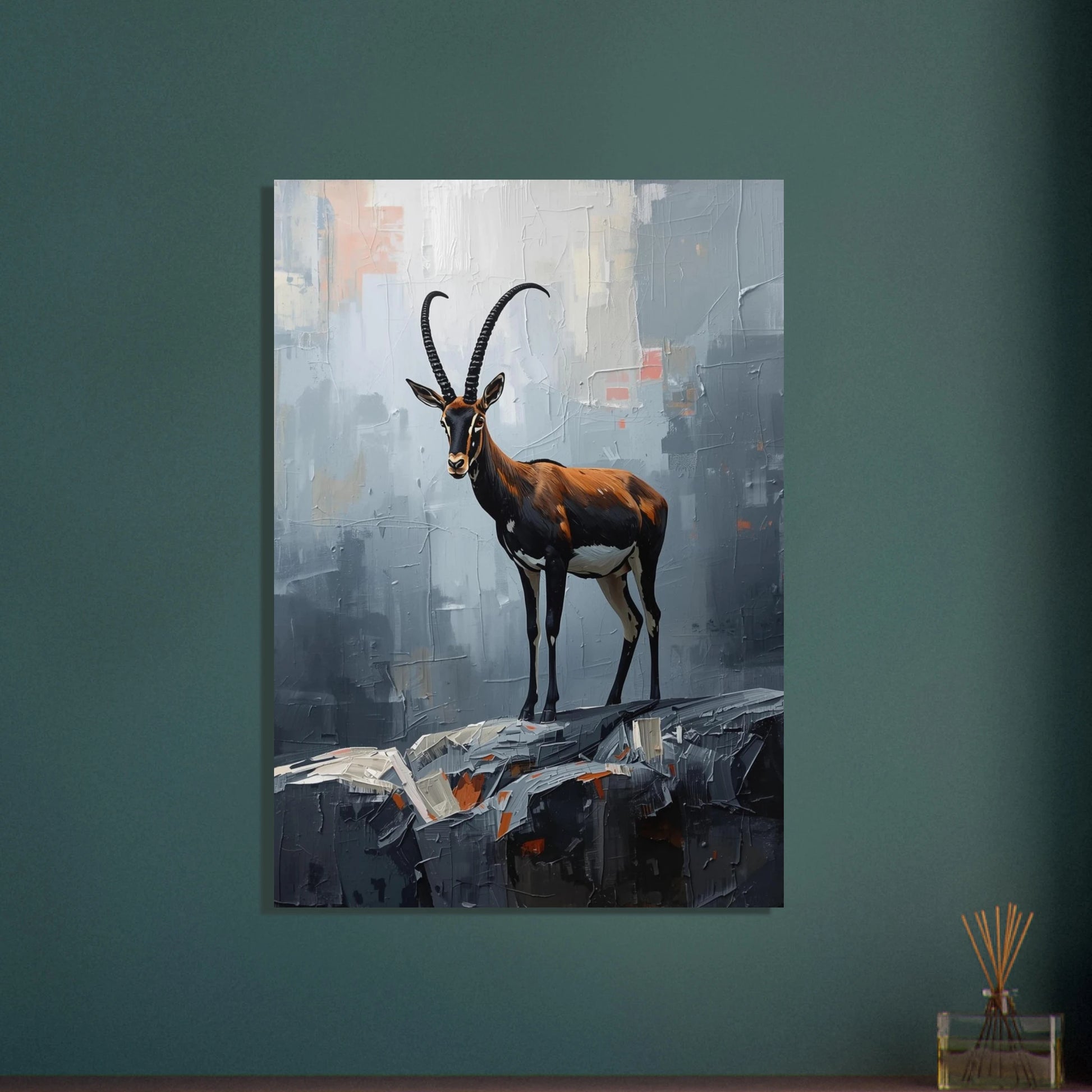 Saola i semiabstrakt oljemålning, impasto-teknik, mystisk stämning.