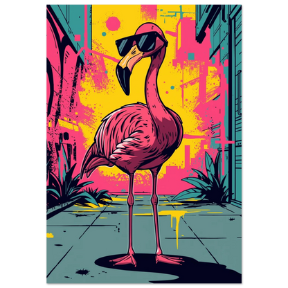 Rosa flamingo i svarta solglasögon mot gul graffitivägg, urban pop art