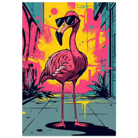 Rosa flamingo i svarta solglasögon mot gul graffitivägg, urban pop art