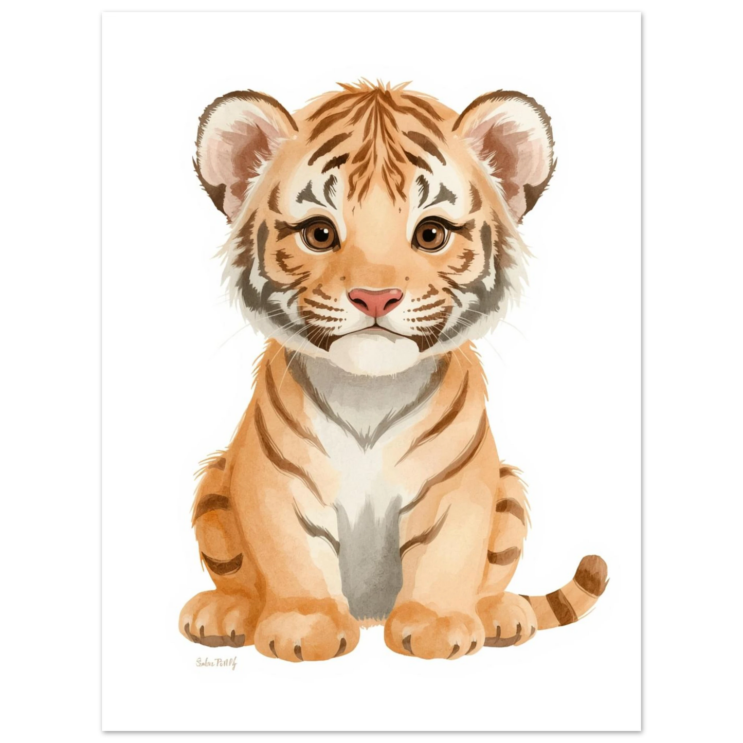 Sittande tigerunge med uttrycksfull blick i varma färgtoner