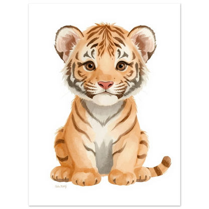 Sittande tigerunge med uttrycksfull blick i varma färgtoner