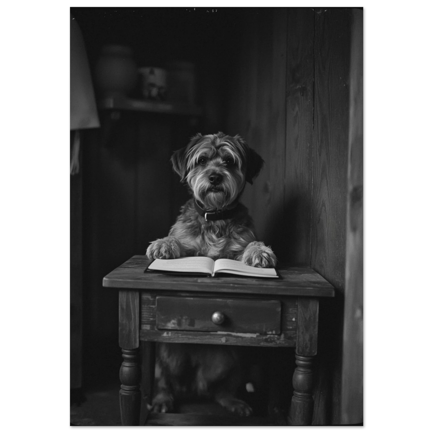 Svartvit fotokonst av en strävhårig hund som läser bok vid träbord