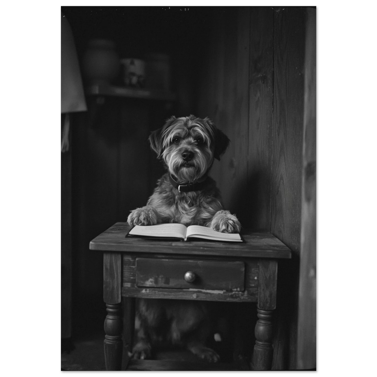 Svartvit fotokonst av en strävhårig hund som läser bok vid träbord