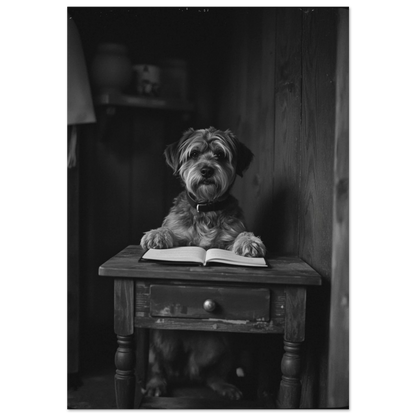 Svartvit fotokonst av en strävhårig hund som läser bok vid träbord