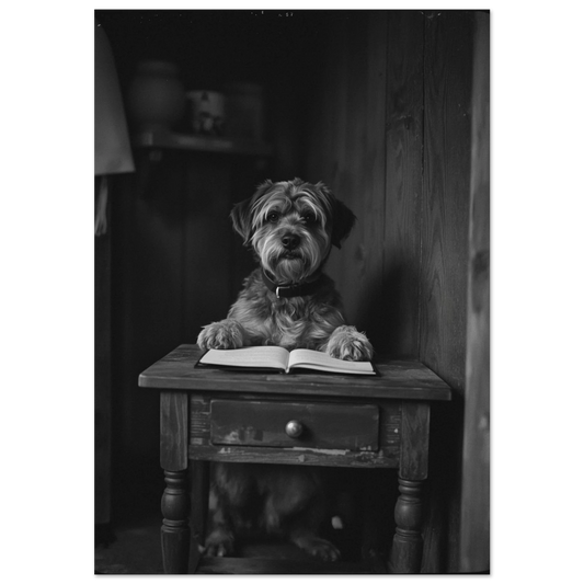 Svartvit fotokonst av en strävhårig hund som läser bok vid träbord