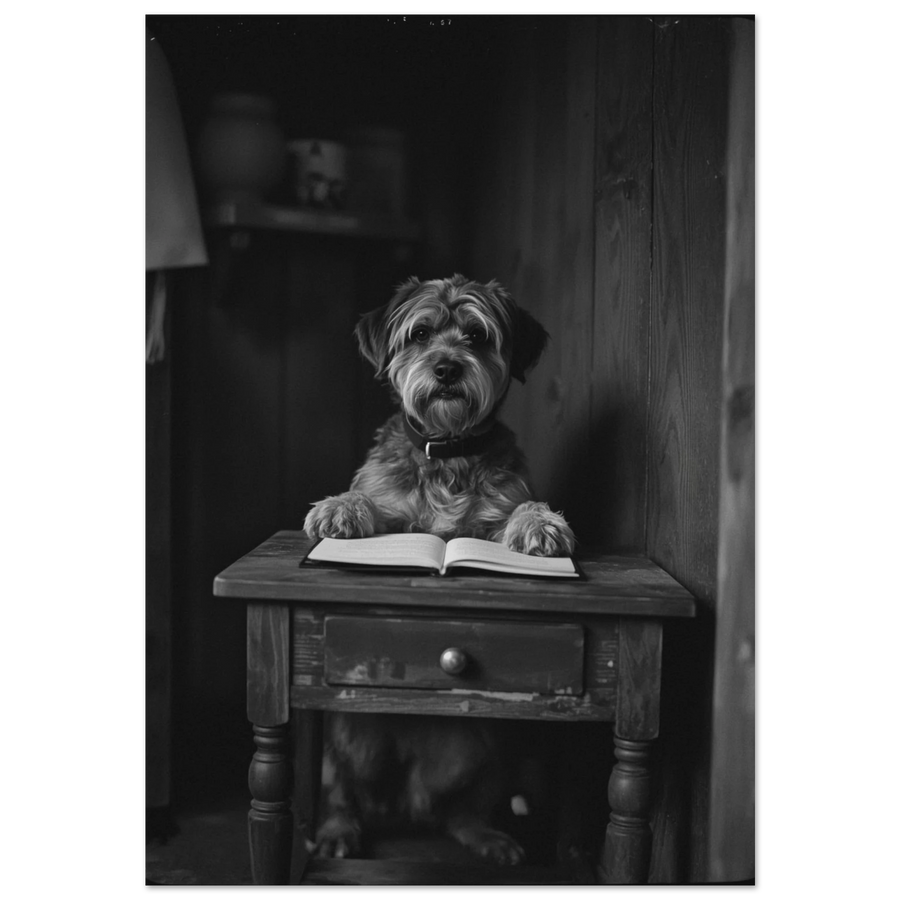 Svartvit fotokonst av en strävhårig hund som läser bok vid träbord