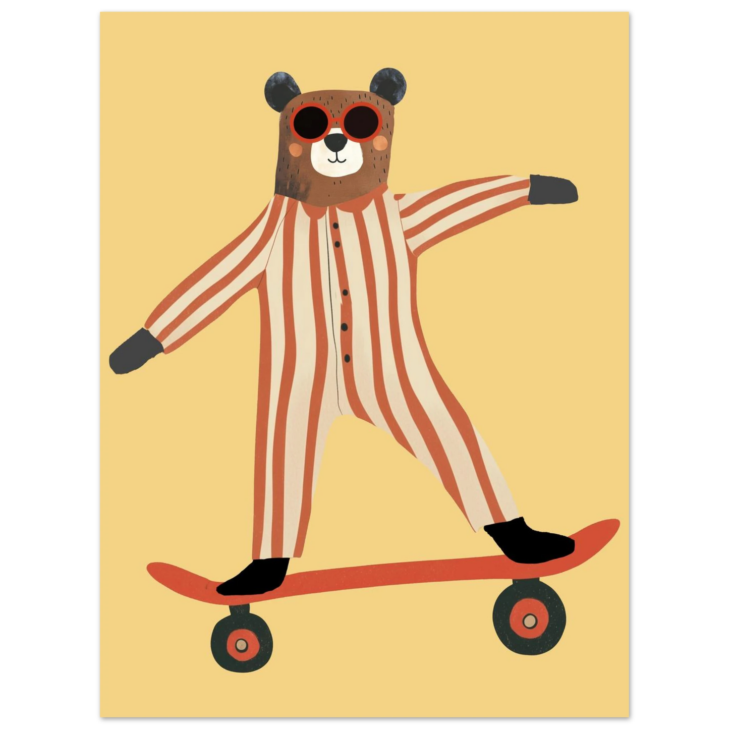 Cool björn med röda solglasögon och pyjamas på skateboard – inramad väggkonst