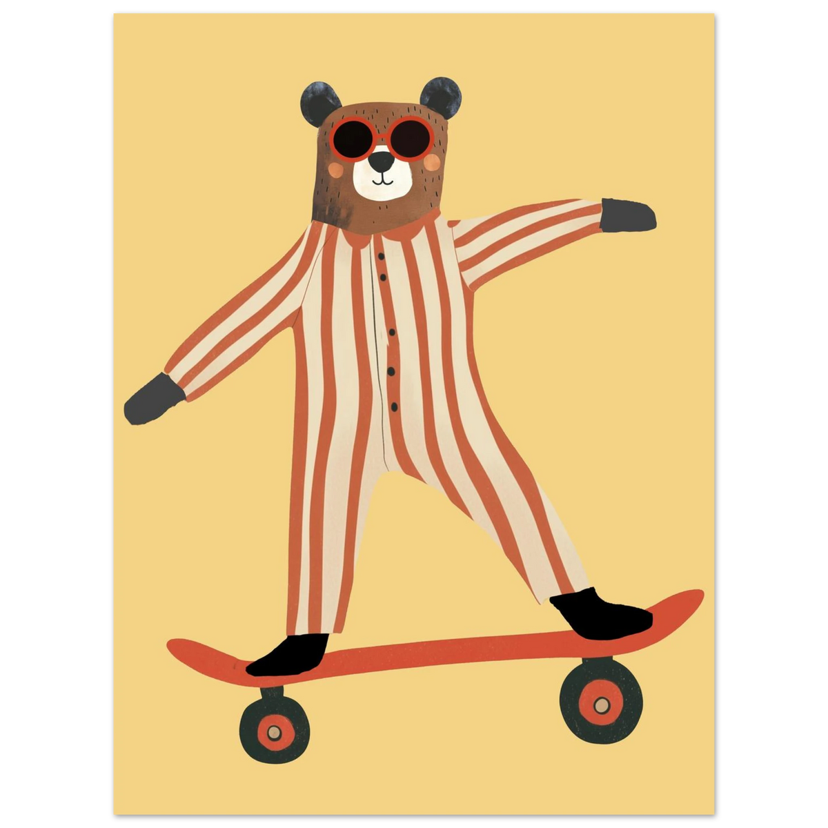 Cool björn med röda solglasögon och pyjamas på skateboard – inramad väggkonst