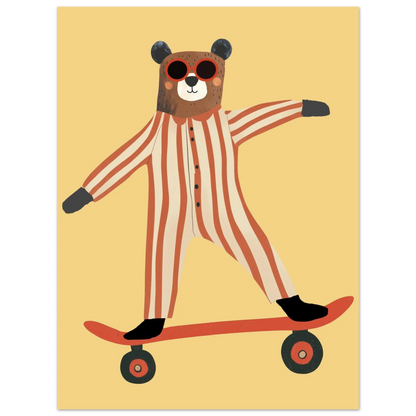 Cool björn med röda solglasögon och pyjamas på skateboard – inramad väggkonst