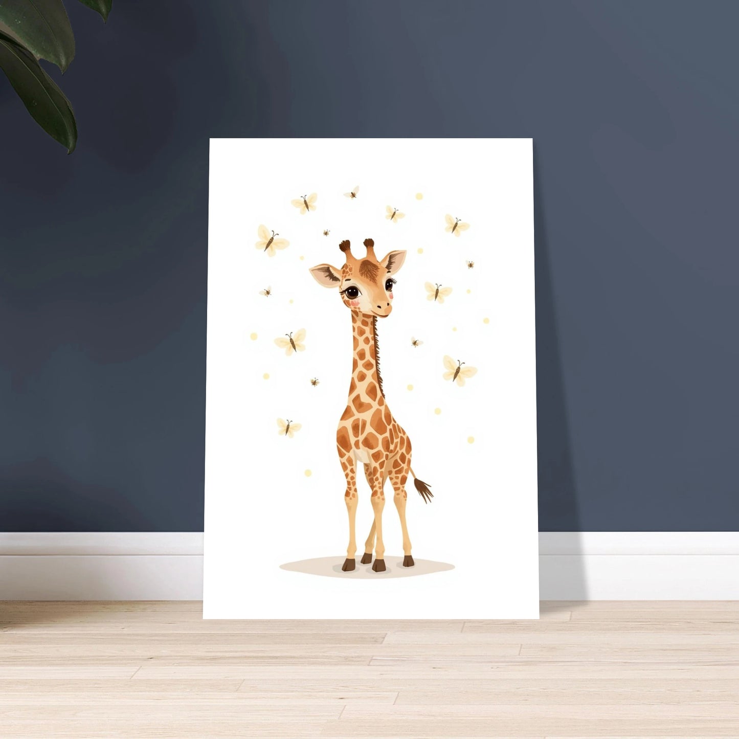 Söt babygiraff med fjärilar, lekfull och charmig illustration
