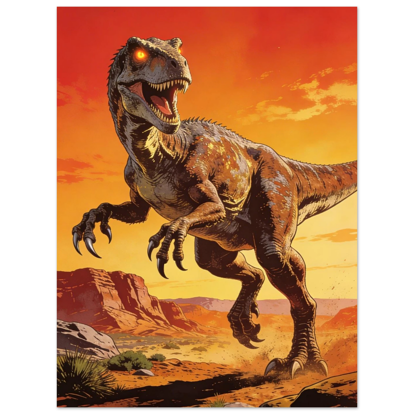 Tecknad fullängdsbild av en raptor med lövkaktusar i förgrunden och röd himmel – Tecknad poster