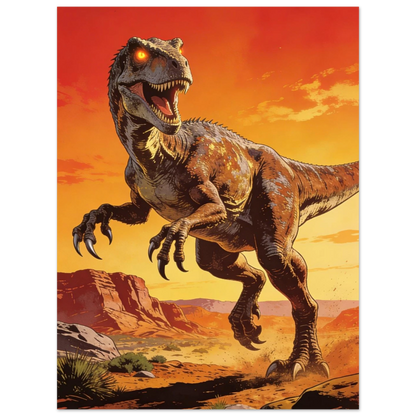 Tecknad fullängdsbild av en raptor med lövkaktusar i förgrunden och röd himmel – Tecknad poster