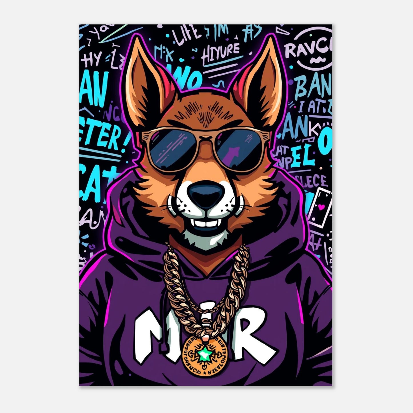 Färgstark illustration av en räv i lila kläder med hiphop-estetik