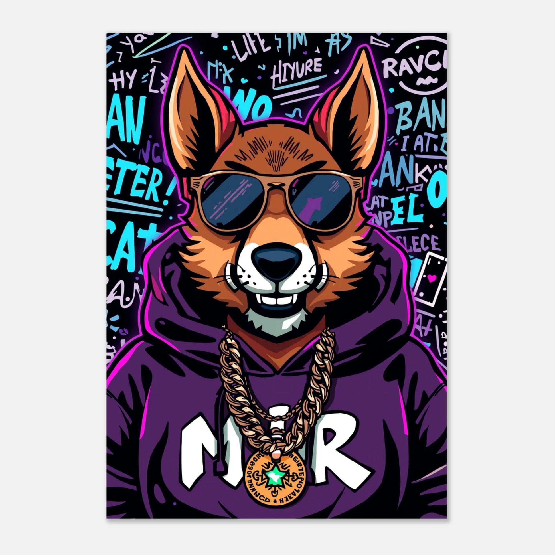 Färgstark illustration av en räv i lila kläder med hiphop-estetik