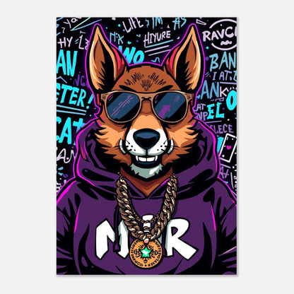 Färgstark illustration av en räv i lila kläder med hiphop-estetik
