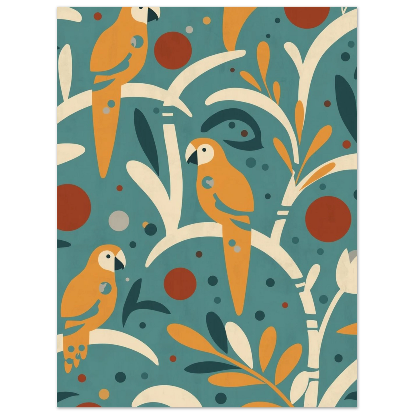 Turkos poster med orangea papegojor och botaniska former i retrostil