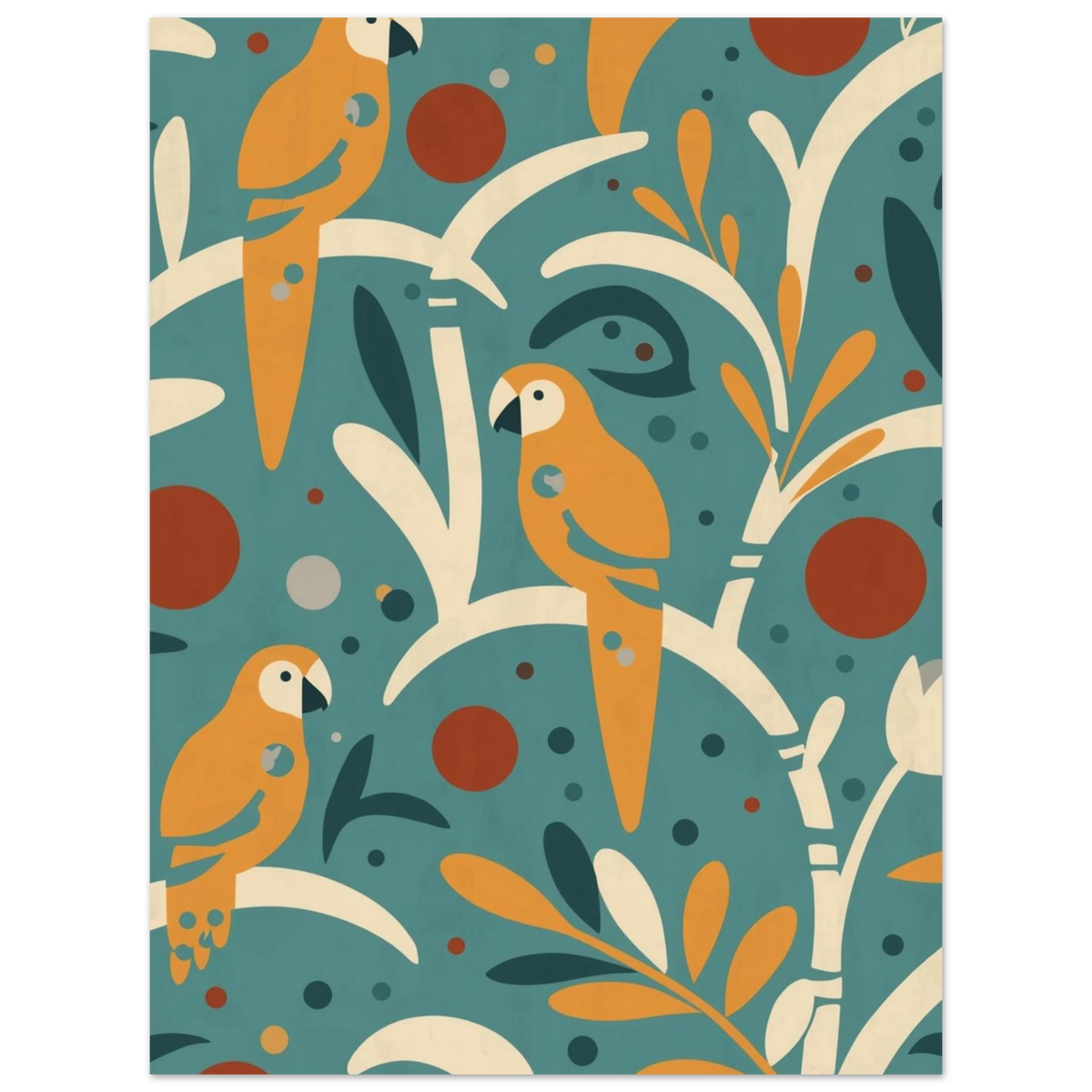 Turkos poster med orangea papegojor och botaniska former i retrostil