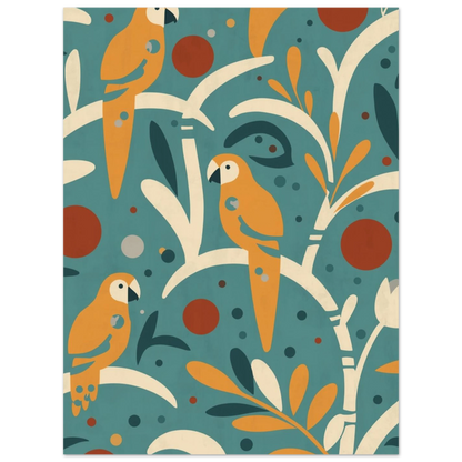Turkos poster med orangea papegojor och botaniska former i retrostil