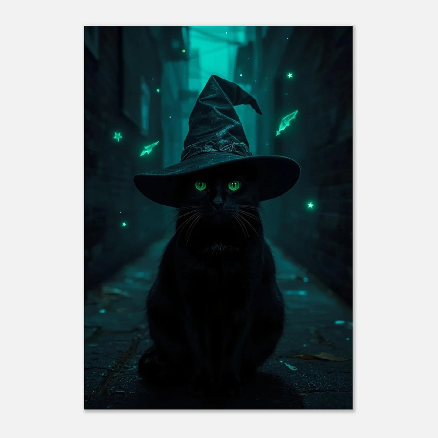 Magisk kattposter med häxtema och lysande detaljer i mörk miljö