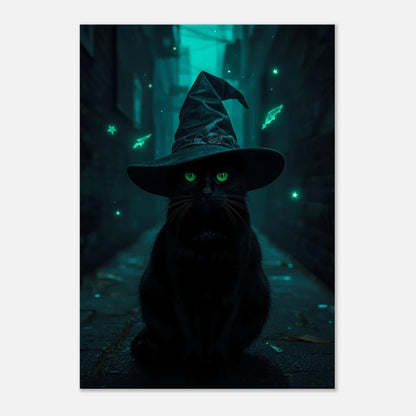 Magisk kattposter med häxtema och lysande detaljer i mörk miljö