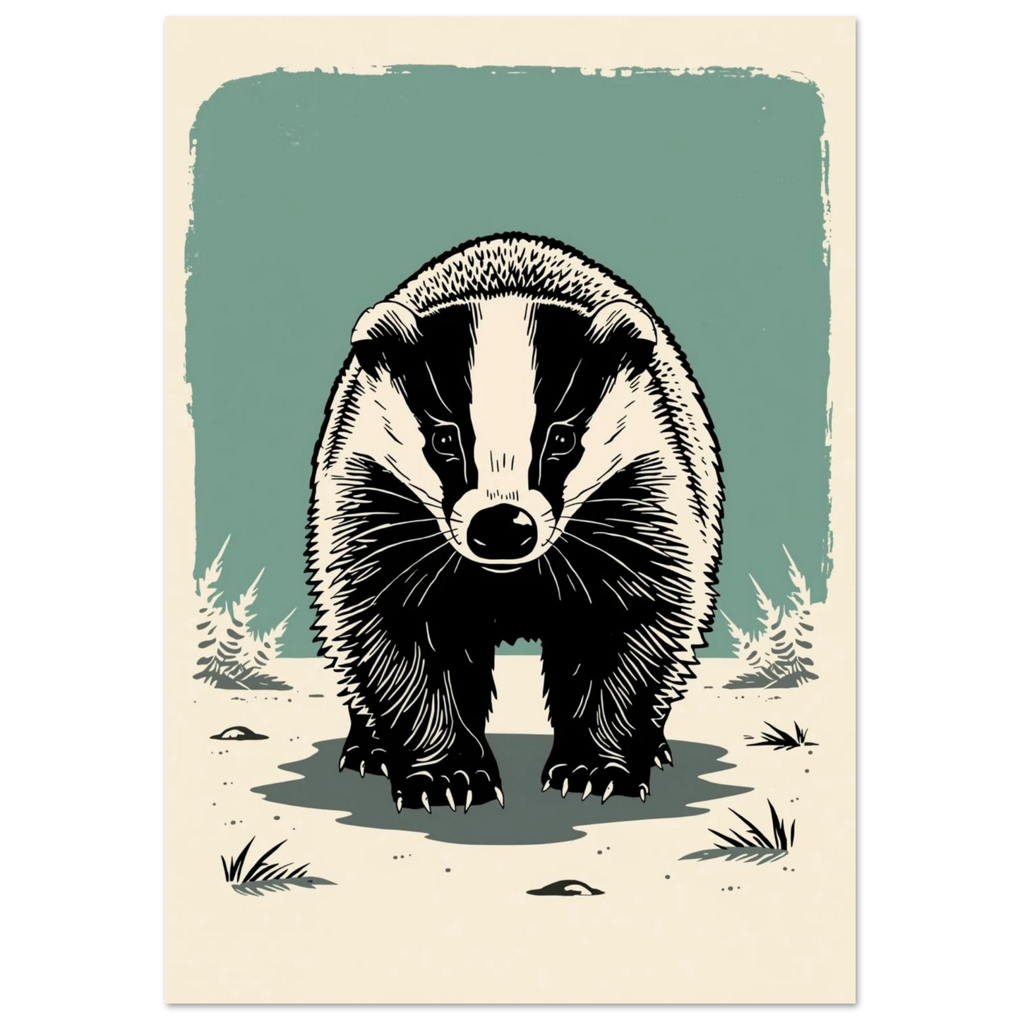 Svartvit grävling i grafisk stil mot en dovt grön bakgrund
