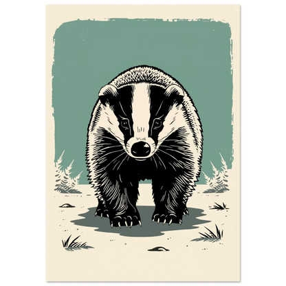 Svartvit grävling i grafisk stil mot en dovt grön bakgrund