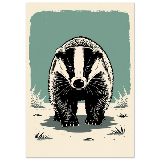 Svartvit grävling i grafisk stil mot en dovt grön bakgrund