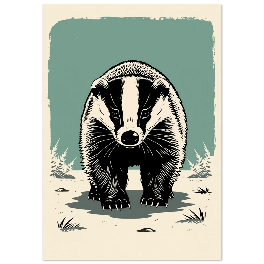 Svartvit grävling i grafisk stil mot en dovt grön bakgrund