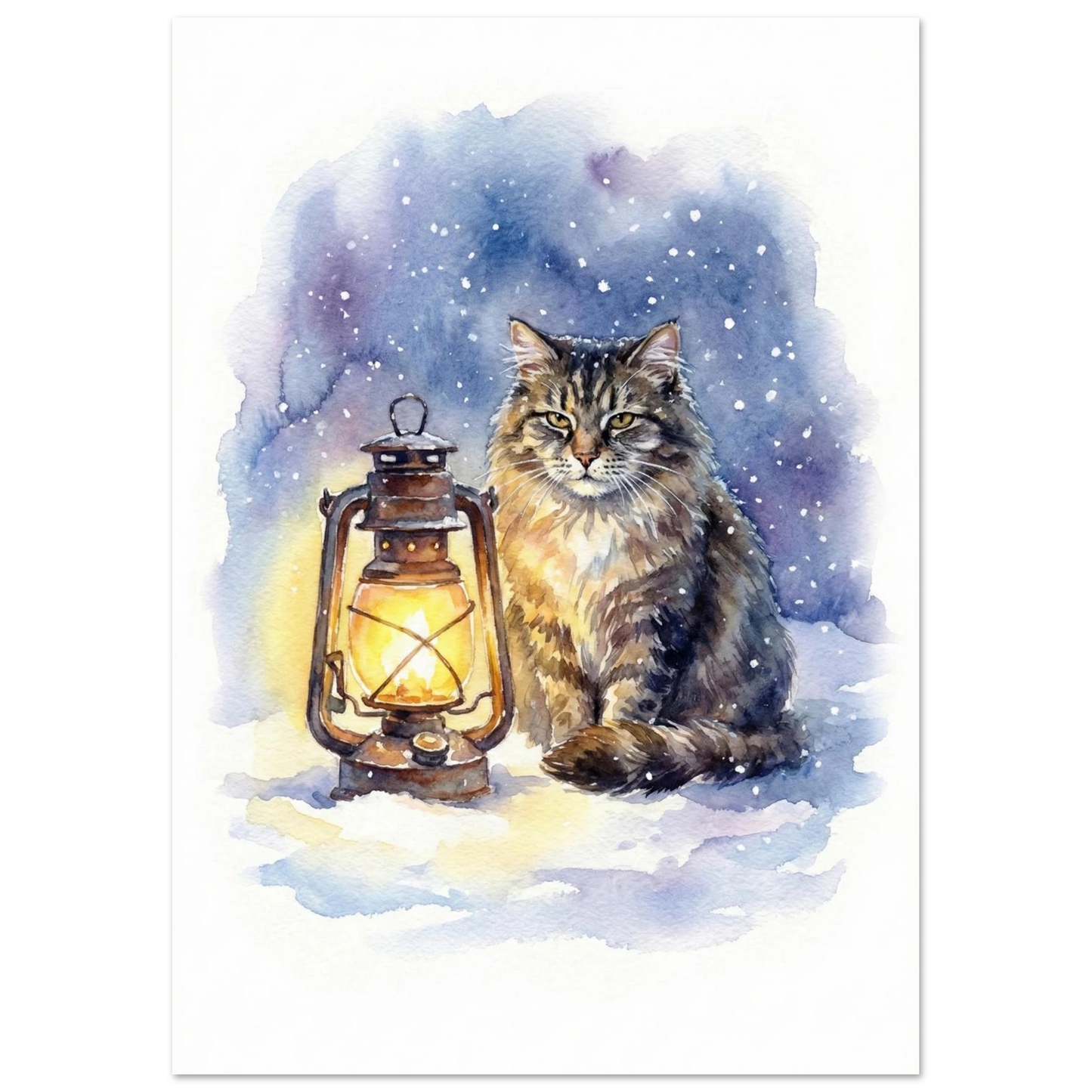 Konstnärligt print av katt i snölandskap med antik lampa, blå toner