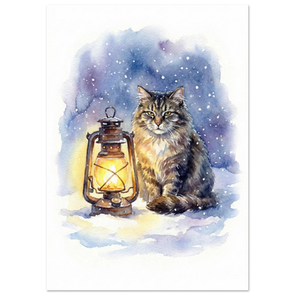 Konstnärligt print av katt i snölandskap med antik lampa, blå toner