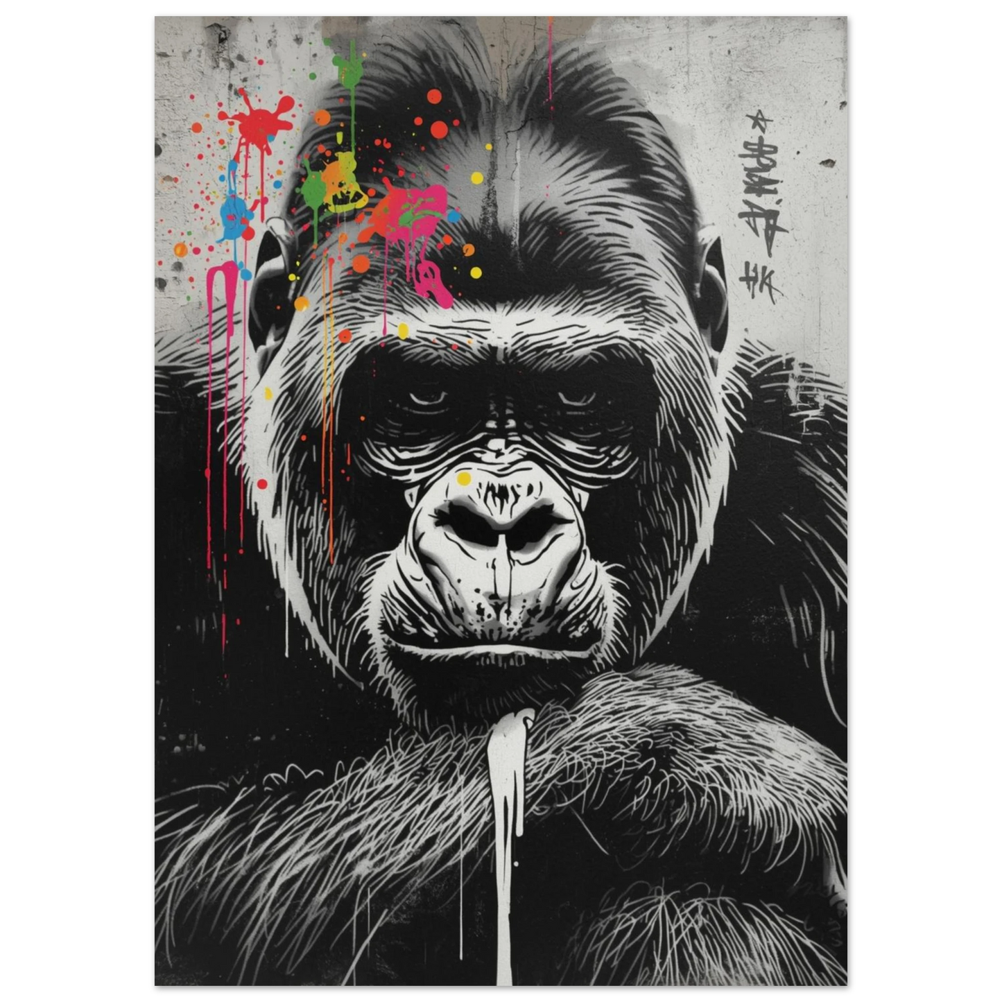 Närbild av gorillans ansikte i graffiti-stil med rinnande neonfärgade detaljer