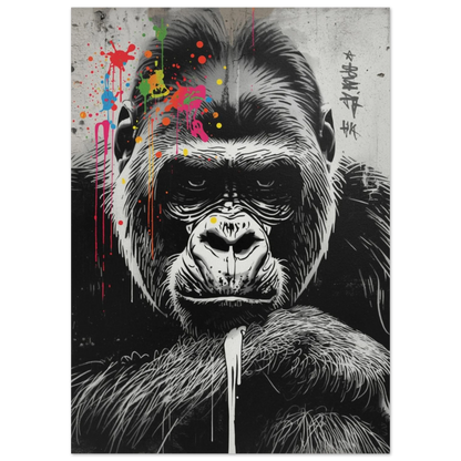 Närbild av gorillans ansikte i graffiti-stil med rinnande neonfärgade detaljer