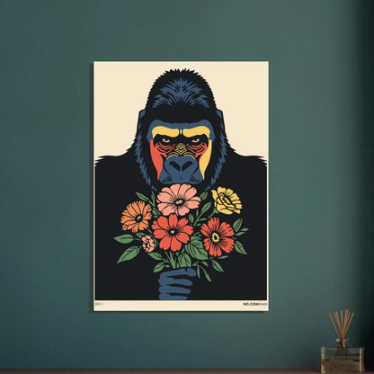Färgstark gorilla med blommor, konstnärlig illustration av oväntad ömhet.
