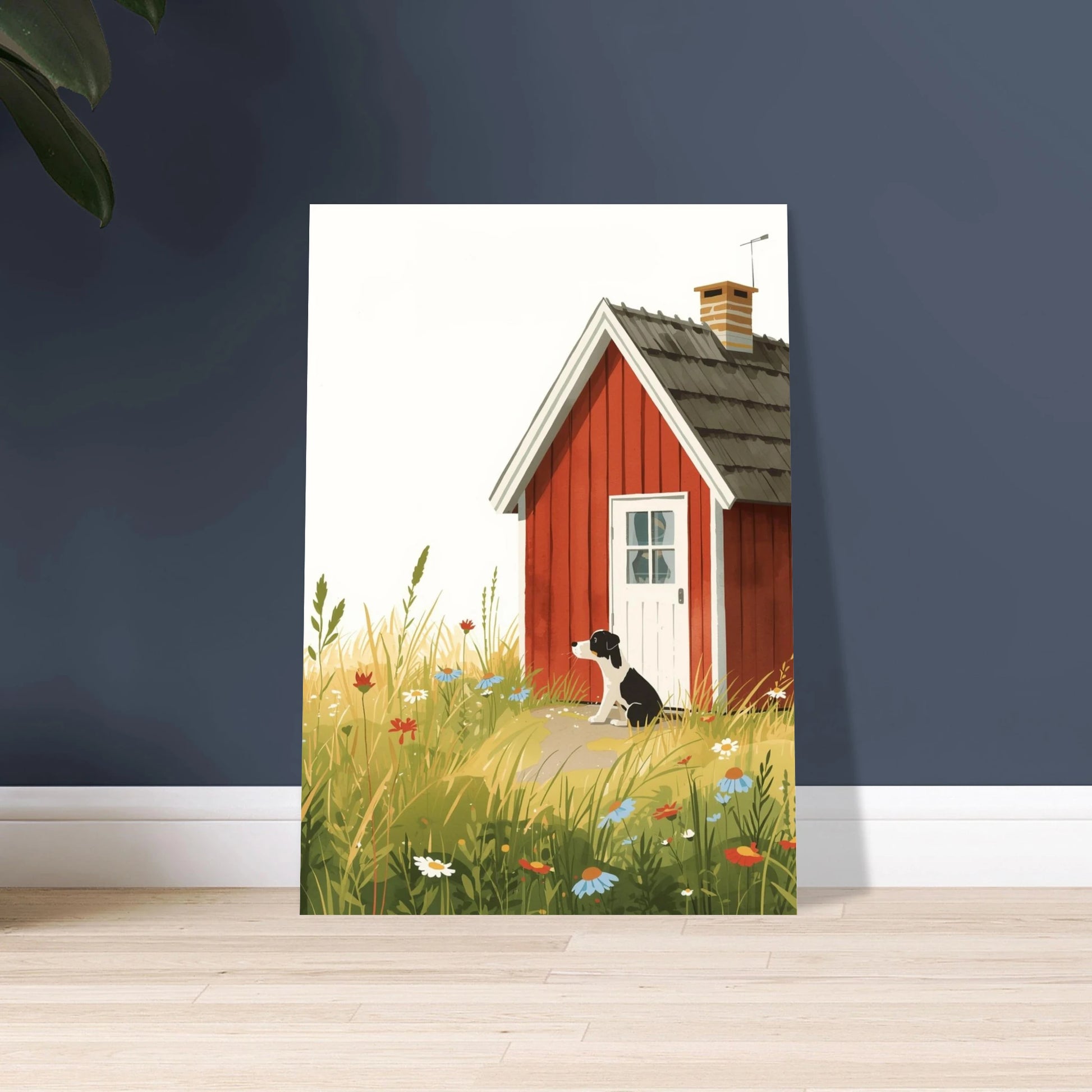 Hund vid röd stuga i sommaräng, idyllisk illustration.