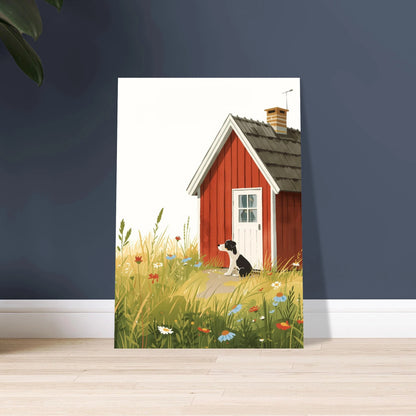 Hund vid röd stuga i sommaräng, idyllisk illustration.