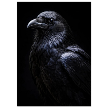 Korpens profil i dunkelt ljus som framhäver fjäderdräktens struktur, med fokus på ögat – Fotorealistisk poster