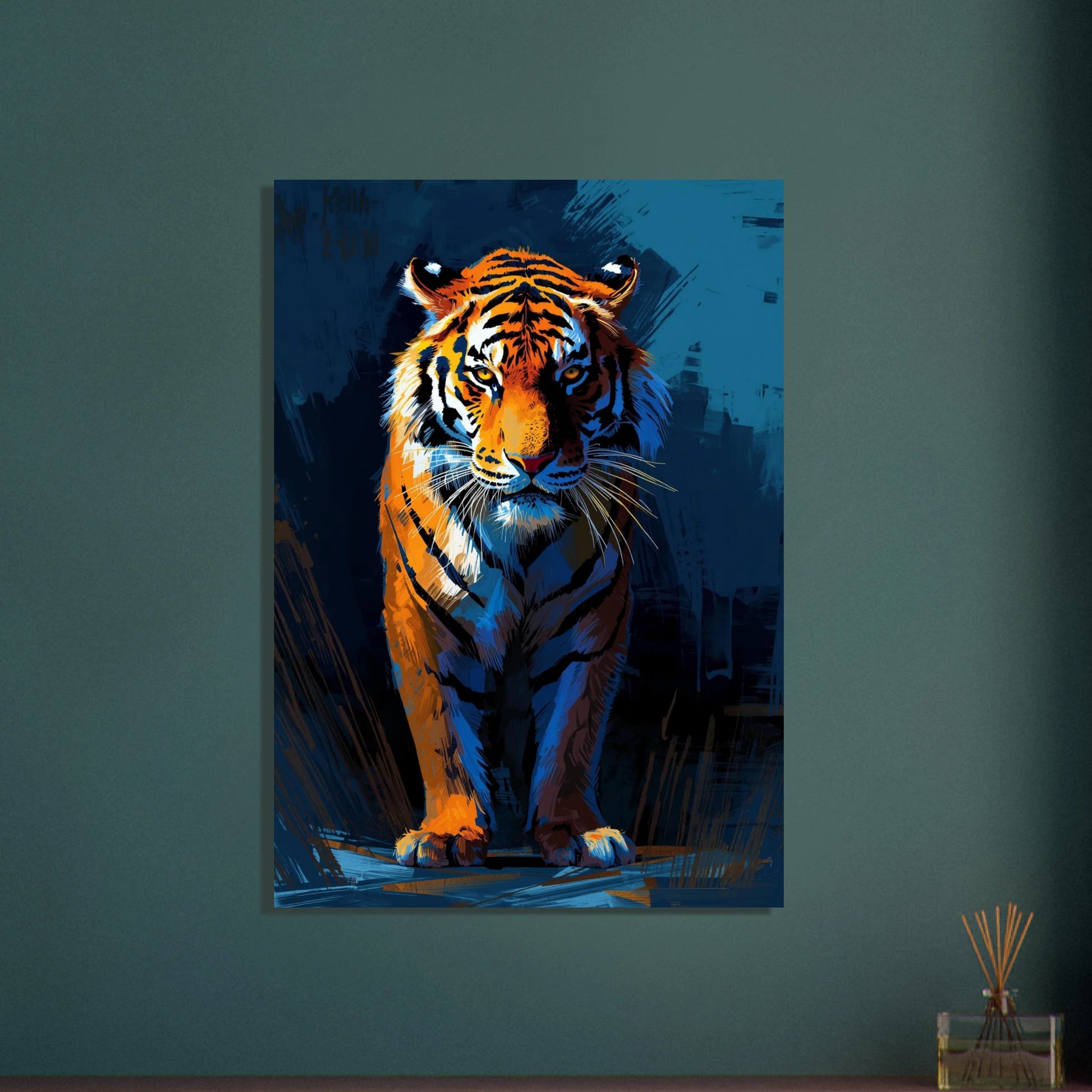 Majestätisk tiger i stiliserat porträtt, intensiv blick, modern konst