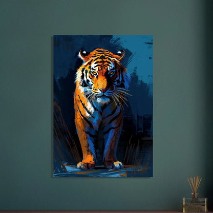 Majestätisk tiger i stiliserat porträtt, intensiv blick, modern konst