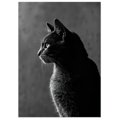 Ensidigt belyst svartvit katt i profil, skapar starka kontraster – Fotorealistisk poster
